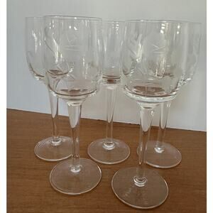 Vintage Set of 5 Etched Flowers & Leaves Aperitif Glasses